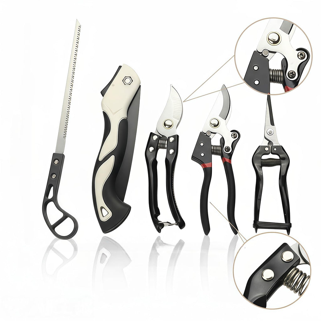 Heavy-Duty 5-Piece Gardening Tool Set – 3 Pruning Shears & 2 Folding Saws, Stainless Steel Blades, Ergonomic Handles, Compact Storage – Ideal for Trees, Shrubs, Camping, and Gift-Giving
