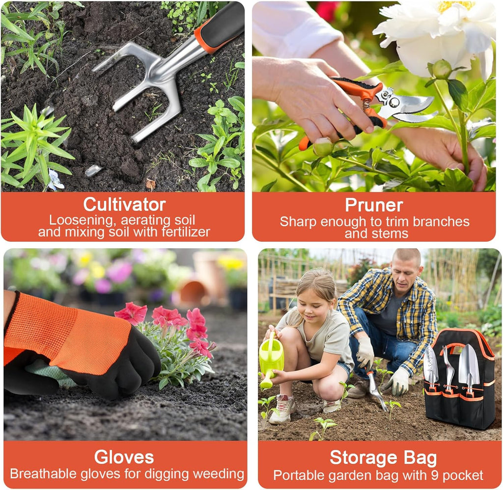 Garden Tools Set, 8 Piece Gardening Tools Set with Non Slip Ergonomic Handle, Heavy Duty Garden Tool Set with Storage Bag, Gardening Kit for Women, Garden Hand Tools Gift for Women and Men, Orange