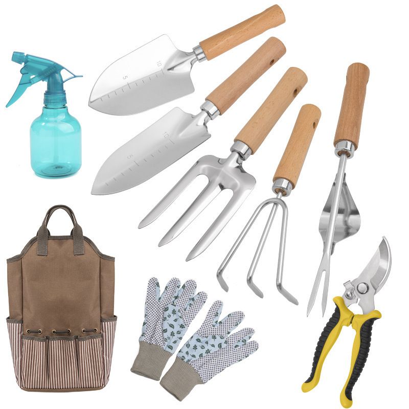 9-Piece Gardening Tool Set - Heavy Duty Stainless Steel with Beechwood Handles - Complete Garden Kit including Storage Tote, Hand Trowel, Rake, Pruning Shears and Gloves, Durable Gift Ready Solution