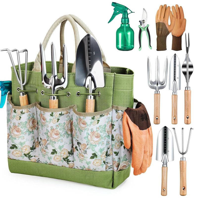 Premium 9-Piece Stainless Steel Garden Tool Set with Durable Storage Tote Bag – Heavy Duty Gardening Hand Kit with Ergonomic Wooden Handles, Pruning Shears and Spray Bottle