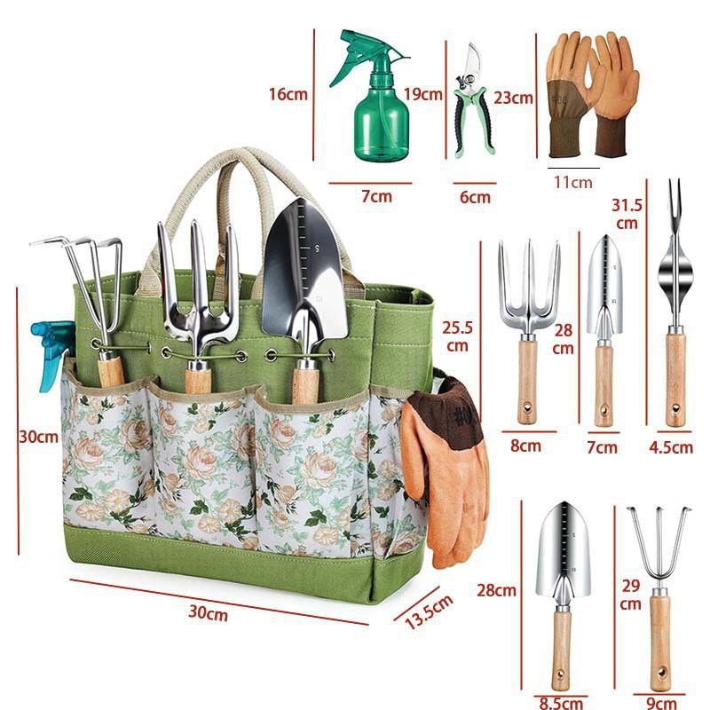 Premium 9-Piece Stainless Steel Garden Tool Set with Durable Storage Tote Bag – Heavy Duty Gardening Hand Kit with Ergonomic Wooden Handles, Pruning Shears and Spray Bottle