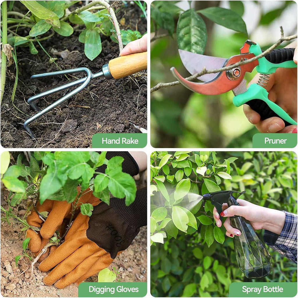 Premium 9-Piece Stainless Steel Garden Tool Set with Durable Storage Tote Bag – Heavy Duty Gardening Hand Kit with Ergonomic Wooden Handles, Pruning Shears and Spray Bottle